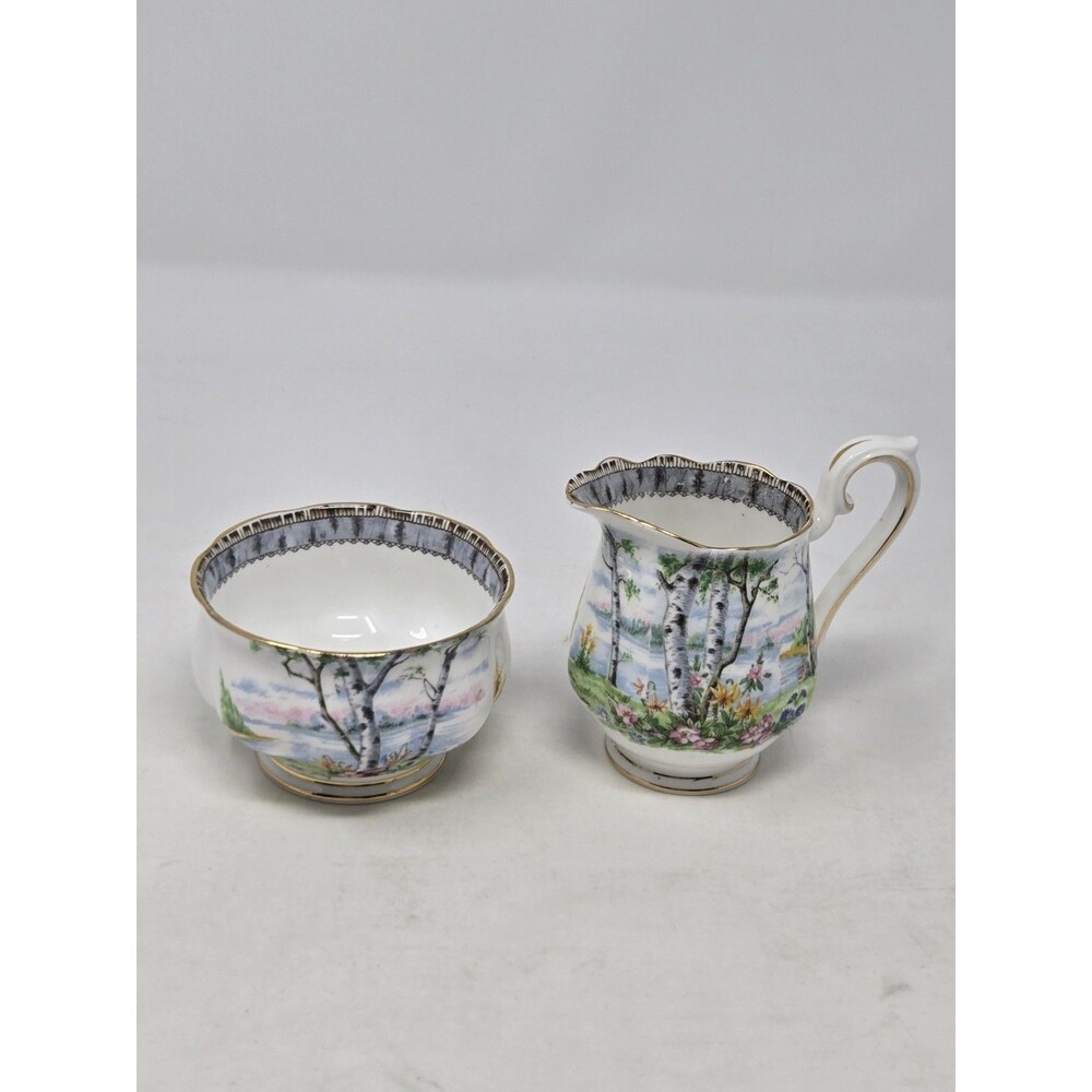 VINTAGE ROYAL ALBERT BONE CHINA SILVER BIRCH CREAM & SUGAR SET WHITE WOODS SCENE